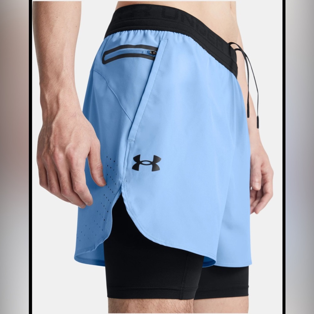 Men Under Armour Vanish Elite 2-in-1 Shorts Horizon Sky Blue Black XXL NWT